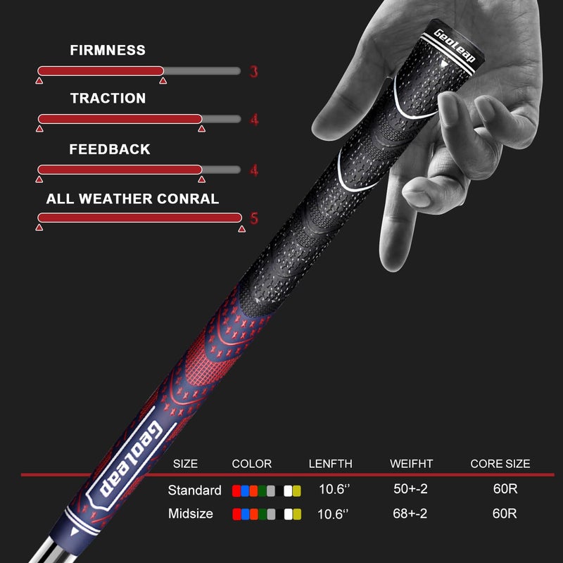 Geoleap Golf Grips Set of 13- Cord Rubber Compound Material, Hybrid Golf Club Grips, All Weather Performance. (Navy Blue Red, Midsize) - Image 5